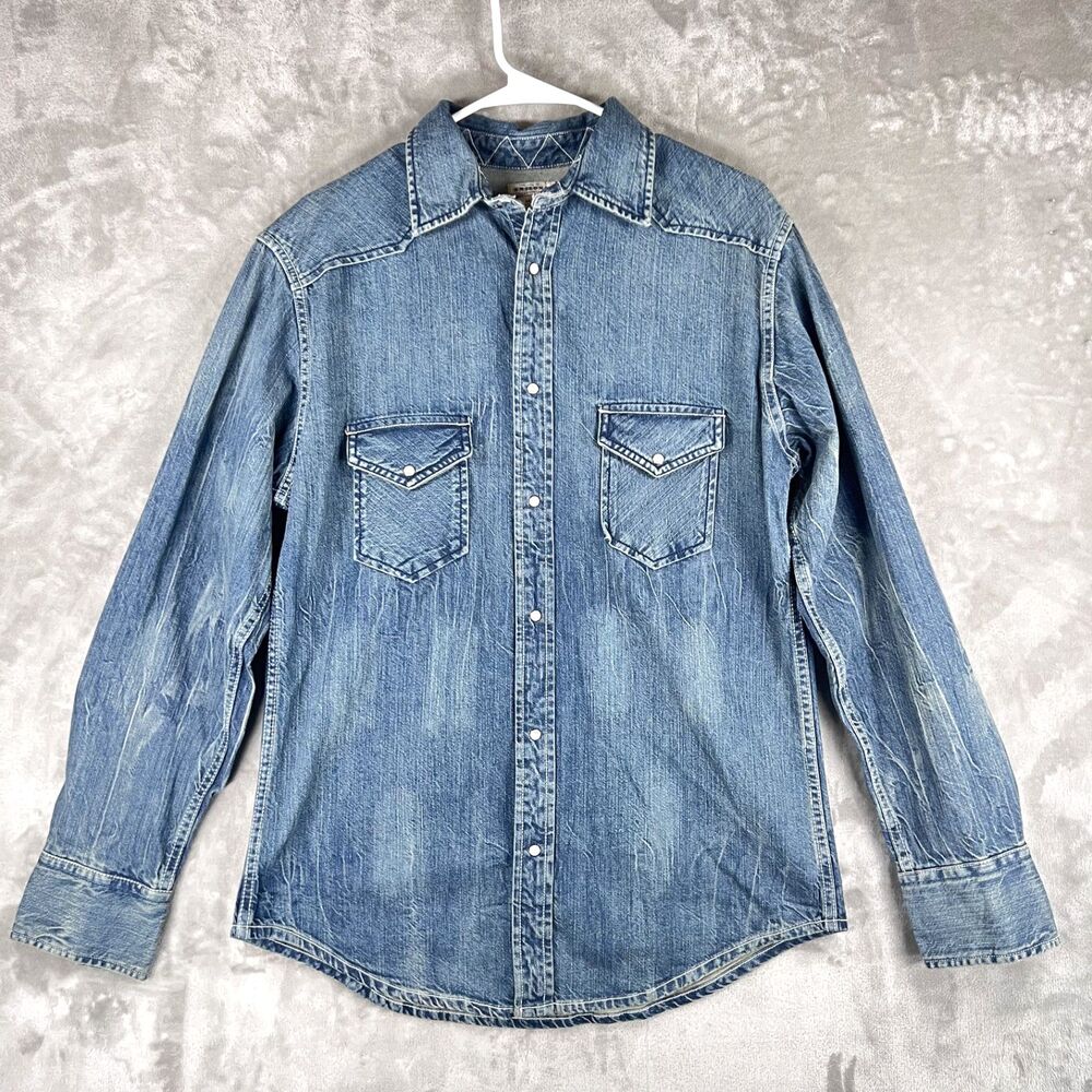 Arizona Jean Co Mens M Heavy Denim Western Shirt Pearl Snap Medium Wash Cowboy